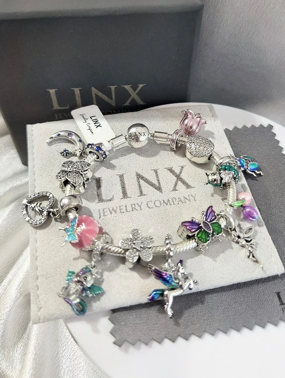 Linx Silver Snake Chain Bracelet with Fairy Unicorn And Dragon Themed Charms